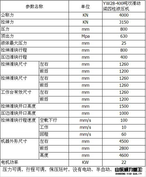 400吨压力机四梁四柱压力机技术参数