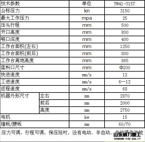 315吨单臂压力机技术参数